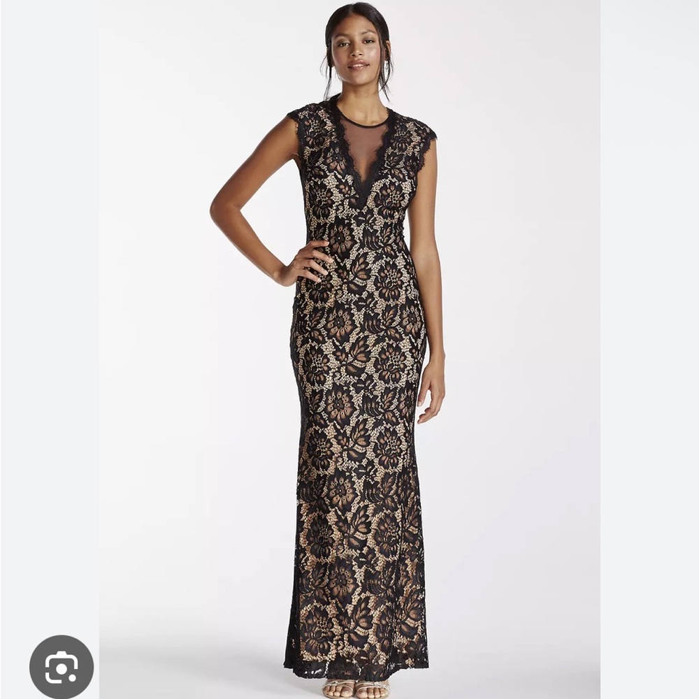 Betsy & Adam Elegant Black and Cream Lace Evening Gown